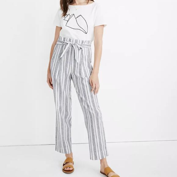 Madewell Dark Baltic Stripe Linen Cotton Paperbag Pants - Picture 1 of 11